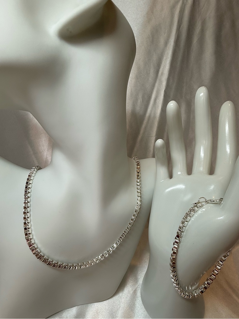Silver Tone 4mm Square Box Chain Necklace and Bracelet Set Minimalist Classic
